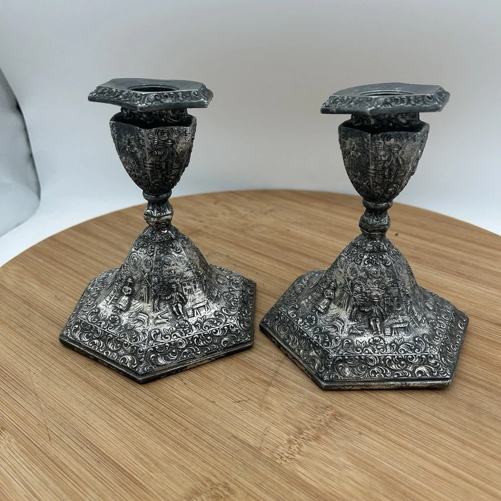 VINTAGE JB JENNINGS BROTHERS CANDLE HOLDER Set ART NOUVEAU PASTORAL SCENE MARKED